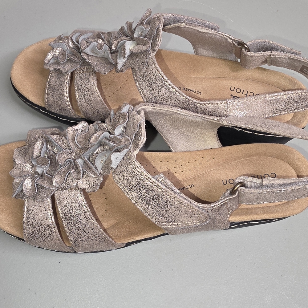 Clarks Collection Women’s Floral T-Strap Sandals in Metallic Taupe - Picture 2 of 10